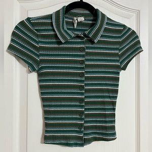 Green, Blue, White, Orange Stripped Button Up Crop Top with Collar